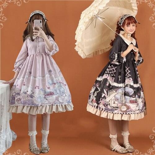 Palace princess sweet lolita dress vintage peter pan collar puff sleeve high waist cute printing victorian dress kawaii girl cos