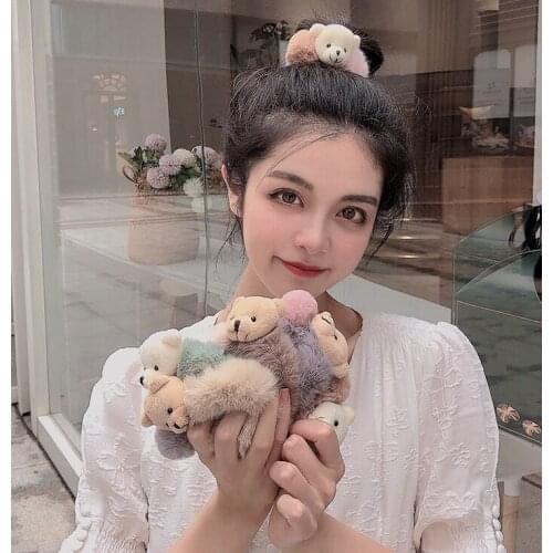 12PCS/lot Newest Mink Fur Hair Rope Cute Bear Scrunchie Women Girls Elastic Hair Rubber Bands Gum Ponytail Holder Hair