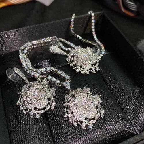 925 Silver Luxury Jewelry Female White Zircon Bauhinia Necklace Earrings Wedding Engagement Jewelry Wholesale