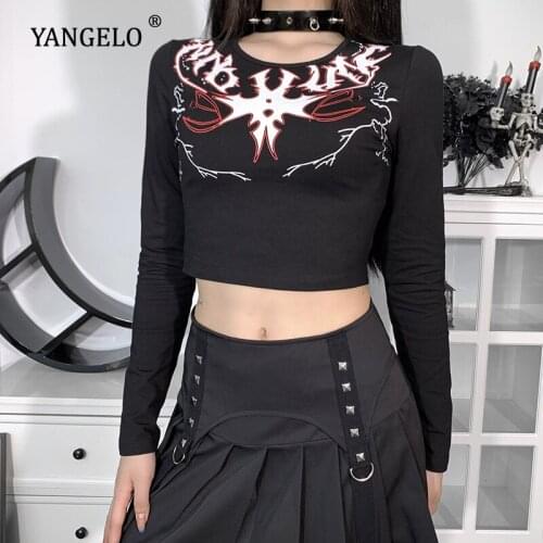 Yangelo Dark Academia Print Y2K Crop Tops Long Sleeve T-shirt for Girls Autumn Sexy Black Streetwear Techwear Women Chic Clothes