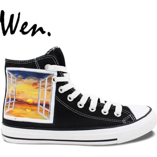 Wen Original Black Hand Painted Shoes Design Custom Window Scenery Sunset High Top Canvas Sneakers for Birthday Christmas Gifts