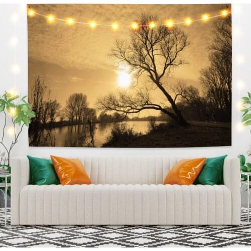 Tree by the Lake at Sunset Scenery Tapestry Vintage Exotic Summer Plant Nature Frame for Bedroom Photography Wall Decor