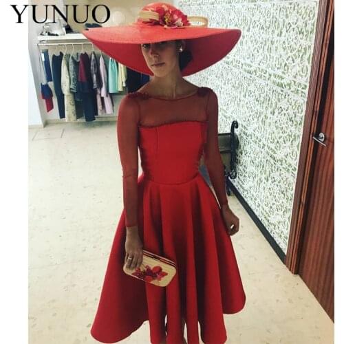 YuNuo Satin Tulle Long Sleeves Knee Length Short Red Mother of the Bride Dresses Formal Party Evening 2019 N84