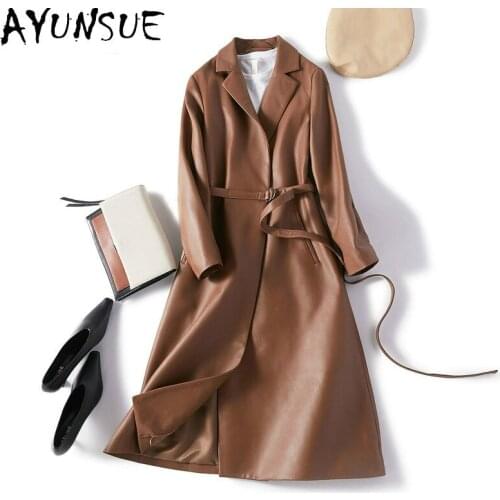 AYUNAUE Genuine Leather Jacket Women Long 100% Sheepskin Coat Spring Autumn Windbreaker Real Leather Jackets Chaqueta Mujer 9620