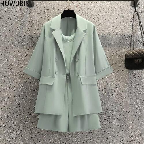 2021 Summer New Large Size Womens Suit Collar Three Piece Set Chic Suspender Shorts+ Western Style Waist Closing Fashion Suit