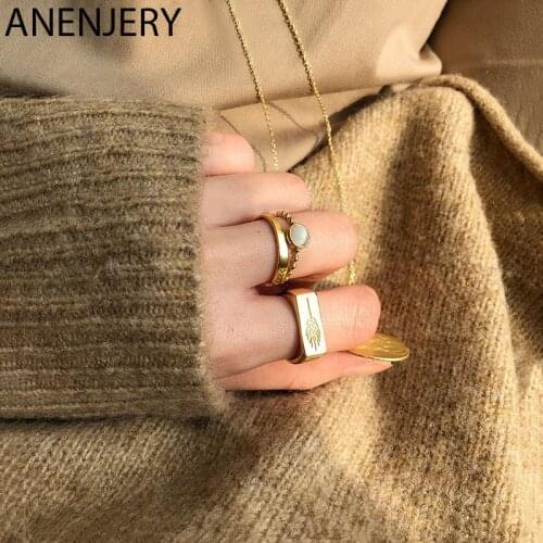 ANENJERY Dainty 925 Sterling Silver Smooth Opal Stone Geometric Finger Ring for Women Gold Color Party Jewelry Gifts S-R821