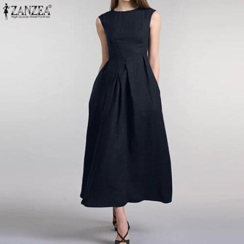 ZANZEA Midi Dress Elegant Sleeveless Sundress Women Casual Solid Summer Vintage Party O Neck Kaftan Female Pleated Tunic Vestido