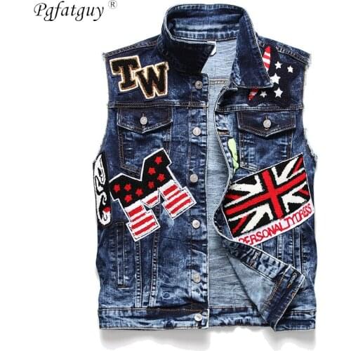 2020 New Denim Vest Mens Cotton Casual Sleeveless Jacket Male Washed Blue Embroidery Badge Waistcoat Slim Cowboy Pockets