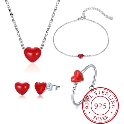 925 Sterling Silver Fine Jewelry Set Cute Red Love Heart Enamel Never Fade RI+BR+EA+NE For Women ValentineS Day Gift