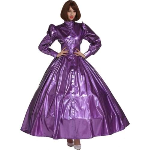 Sissy French Gothic Punk Purple PVC Ball Gown Dress Uniform Crossdress Cosplay Costume