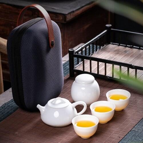 Travel Kung Fu Tea Set Ceramic Sheep Fat Jade White Porcelain A pot of three cups covered teacules with gift logo customization