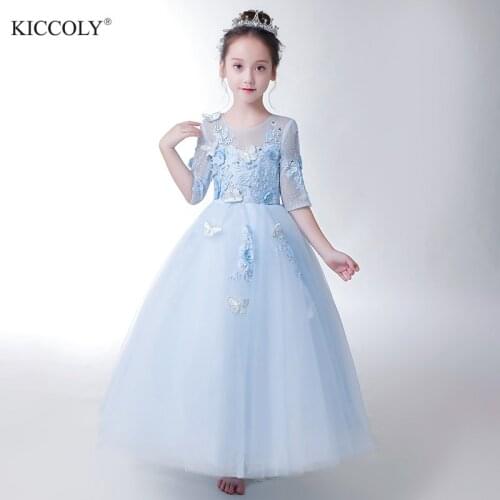 Elegant Beaded Butterfly Flower Girl Dress Party Pageant Gown Ankle Length Blue Tulle Princess Wedding First Communion Dress