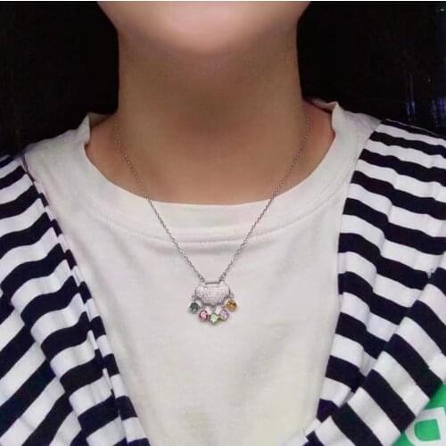 Chinese Silver Pendant for Kids 4mm Multi-color Natural Tourmaline Silver Pendant Traditional Silver "long Live" Kid Pendant