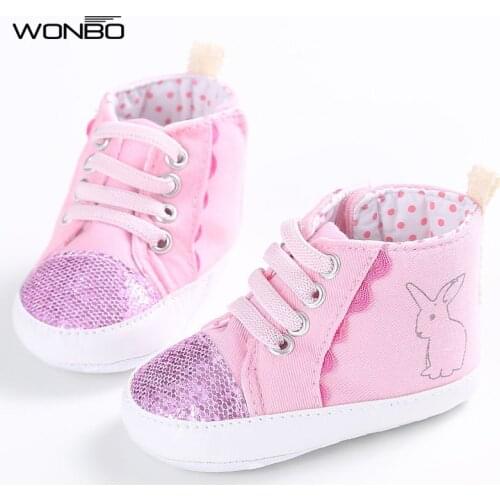 Classic Casual Newborn Toddler Shoes Baby Girls Cute Cartoon Rabbit Printing Bling Lace-Up First Walkers Sneakers Shoes