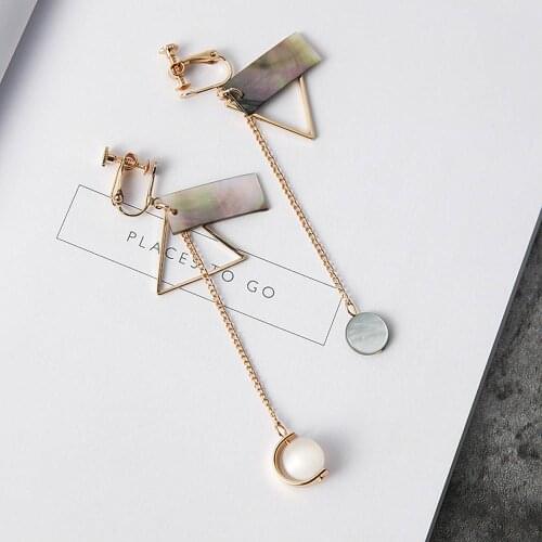 2018 Korean Fashion Elegance triangle Clip On Earrings Asymmetric Shell Long Earring Without Pierced boucle d'oreille femme