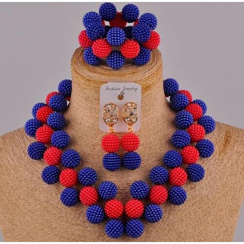 Royal blue and red african wedding beads jewelry set nigerian necklace sets FZZ109