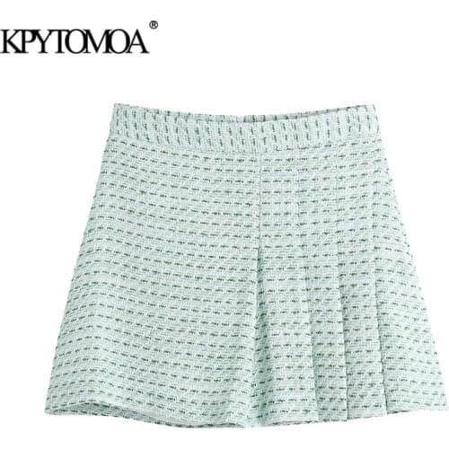 KPYTOMOA Women 2021 Chic Fashion Pleated Tweed Check Mini Skirt Vintage High Waist Back Zipper Female Skirts Mujer