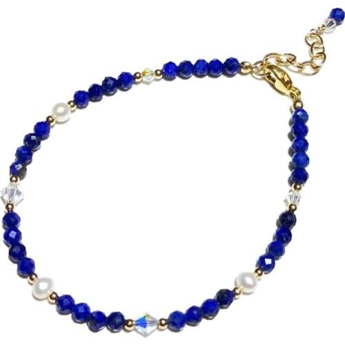 Lii Ji Lapis Lazuli Red Jasper Sodalite Sunstone Pearl 3mm Beads With Austrian Crystal 14K Gold Filled Beaded Bracelet 17+3cm