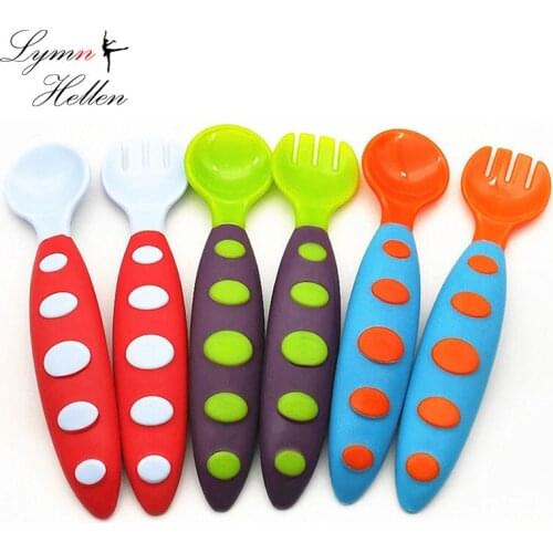Baby Infant Toddler Feeding Spoon Fork Training Cutlery Safety Material 3 Colors Slip-resistant Self Feeding Tableware Flatware