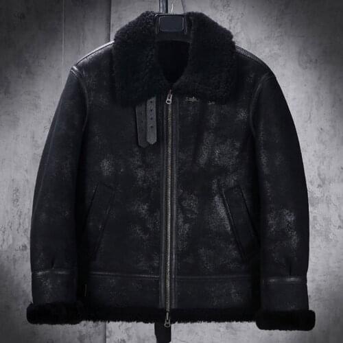 New Mens B3 Shearling Jacket Black Leather Jacket Short Fur Coat Fashion Motorcycle Jacket Thicken Sheepskin Coat