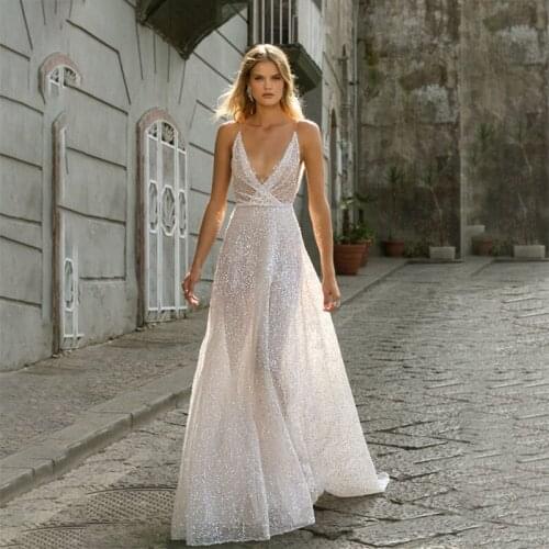 New Summer See Through Wedding Dresses 2021 Sexy Deep V Neck Sequin Backless Sparking A Line Sleeveless Boho Bridal Gowns
