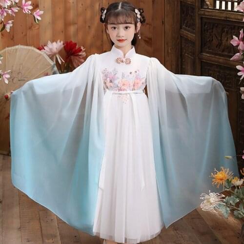 Autumn And Winter Girls' Thickened Hanfu Chinese Style Flower Embroidery Tang Dress Stage Show Costume Halloween Party Clothing
