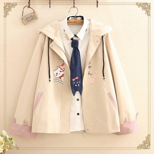 2019 Japanese mori girl autumn outfit new style schoolgirl cat printing jacket girl students hooded coat