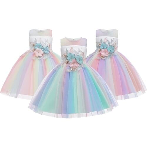 3 4 5 6 7 8 9 10 Years Girls Dress Summer Rainbow Mesh Flower Princess Dresses For Christmas Birthday Party Costume Kids Clothes