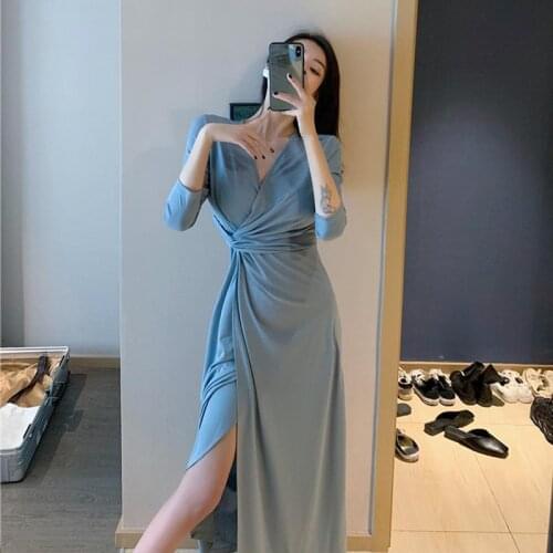 Woman Dresses Womens Spring Dress V-neck Knot Sexy Slit Skirt Vestido De Mujer Femme Robe