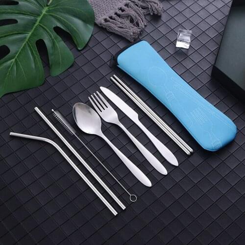 Portable Travel Dinnerware 7pcs Set Stainless Steel Reusable Cutlery Set Spoon Fork Chopsticks Metal Straw Pouch Carry Bag Kit