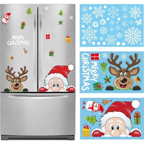 Merry Christmas Refrigerator Stickers Santa Claus Snowflake Wall Glass Decals for Kids Rooms New Year Window Xmas Decorations