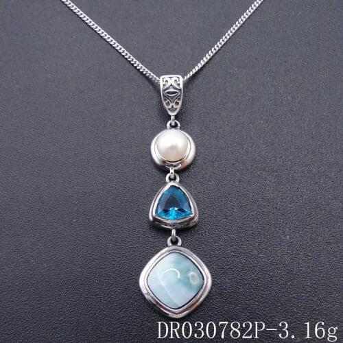 Handmade Unique 925 Sterling Silver Pendant, Beautiful Natural Blue Caribbean Larimar& Pearl Pendant for Women Ladies Girls