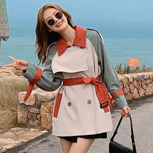 Vintage Patchwork Windbreaker For Women Lapel Long Sleeve High Waist With Sashes Lace Up Bowknot Coat Female Autumn 2020 New