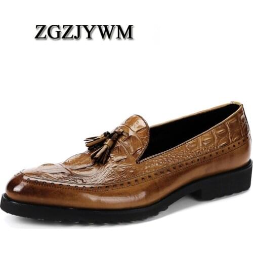 ZGZJYWM Spring/Autumn Crocodile Style Genuine Black/Brown Leather Breathable Casual Flats Wedding Driving Men Shoes With Tassel