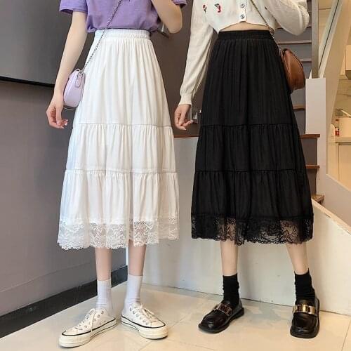 Black White Lace Stitch Maxi Korean Fashion High-Waisted Vintage Spring Autumn Summer WomenS Clothing Skirts Vetement 2021