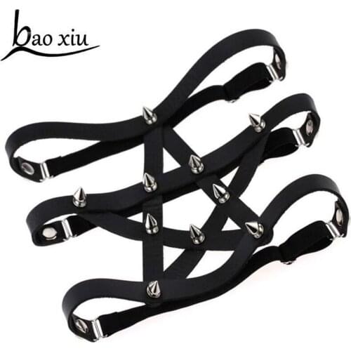 Harajuku Gothic Rave Nightclub sexy Fetish Stretch Leather clip Rivet Harness Leg Bondage Stocking Suspender Straps for Women