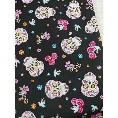 Shining Silve skull Cotton Black fabric Flora singing Bird Printed 50x105cm Patchwork Home Decor Dress Clothing viaPhil DIY