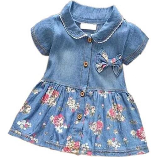 Kid Printed Dress Thin Cardigan Turn-down Collar Denim Girl Princess Floral Print Dress for Daily Wear