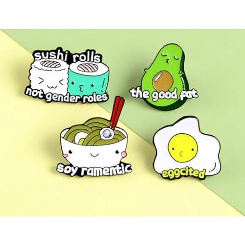 Food Enamel Pins Creative Cartoon Cute Avocado Sushi Roll Poached Egg Noodle Brooches Lapel Pin Shirt Bag Badge Jewelry Gifts