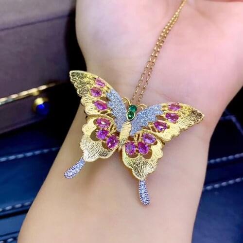 Grace Butterfly fly natural pink sapphire gem brooch Pendant natural gemstone pendant Two uses S925 silver lady party jewelry