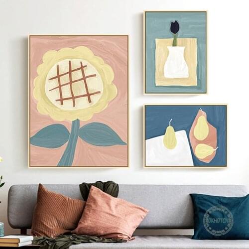 Scandinavian Style Abstract Sunflower Green Leaf Canvas Oil Painting Decorative Poster Modern Wall Art Picture for Living Room