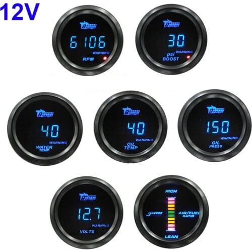 52mm Round Turbo Boost Gauge 30 PSI Water Temp Meter 12V Car Voltmeter Oil Pressure Sensor Blue Digital Display Tachometer RPM