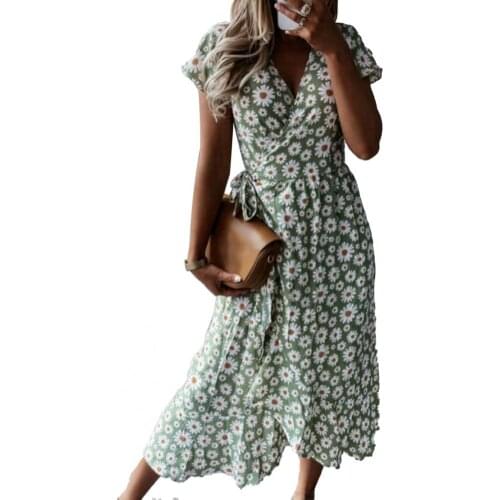 Summer Woman Dress 2021 Midi Dress Dress V Neck Wide Hem Female Women Vintage Floral Printing Dress for Beach