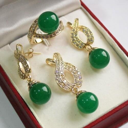 Hot! beautiful new jewelry silver plated + 12mm green jade pendant, earring, , ring set