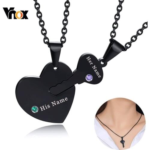 Vnox Custom Personalize His and Her Names Key Heart Puzzle Couple Paired Necklaces Set with Birthstones