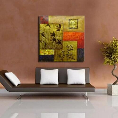 Wholesale price dark gold color leaves and geometric wall art picture oil painting modern art style for room decoration