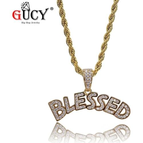 GUCY BLESSED Letter Pendant Necklace Mens Miami Chain Iced Out Micro Paved CZ Stones Gold Silver Color Hip Hop Jewelry Gift
