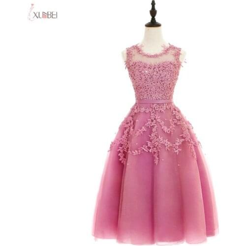 Xunbei Dusty Pink Tulle Homecoming Dresses 2020 A line Short Graduation Gown Pearl Lace Sleeveless vestidos de graduacion
