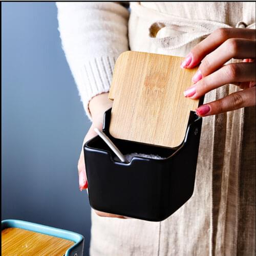 Kitchen special ceramic seasoning pot, seasoning tools, porcelain box and bamboo lid storage container, convenient and durable