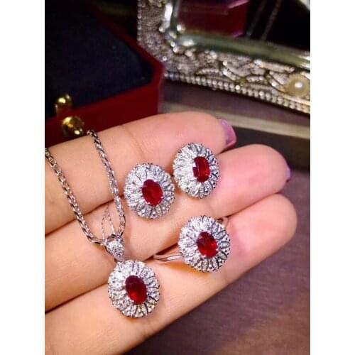 Party Gift Super Good Color 100% Real and Natural Ruby Set 925 Sterling Silver 1pc Ruby Ring,2pcs Ruby Earring,1pc Ruby Pendant